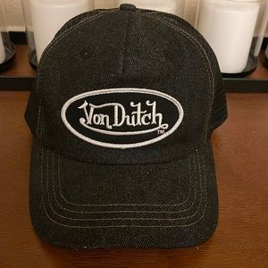 Von Dutch Twill Black & White Logo Trucker Baseball Ball Mesh Cap Hat Denim